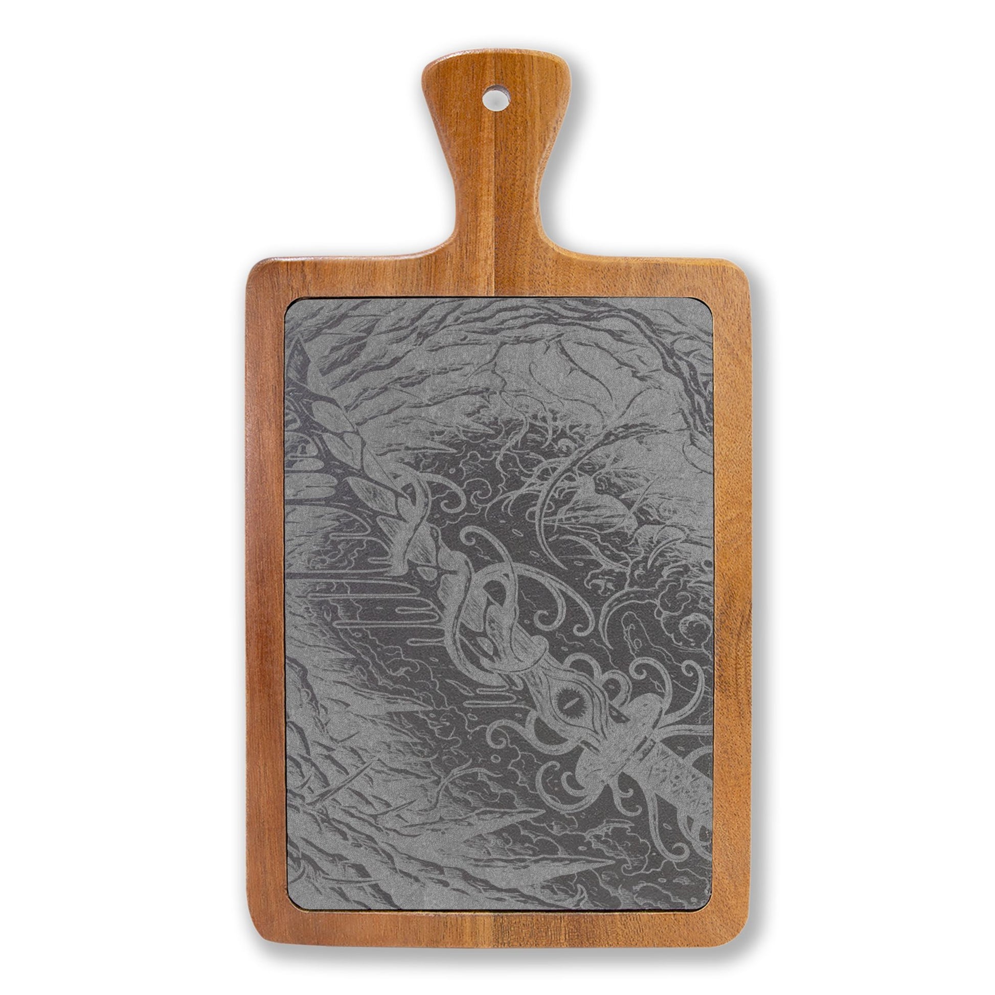 Anomalous Engraved Bamboo Charcuterie Board with Slate Insert & Cheese Tools — Personalized Party Serving Platter