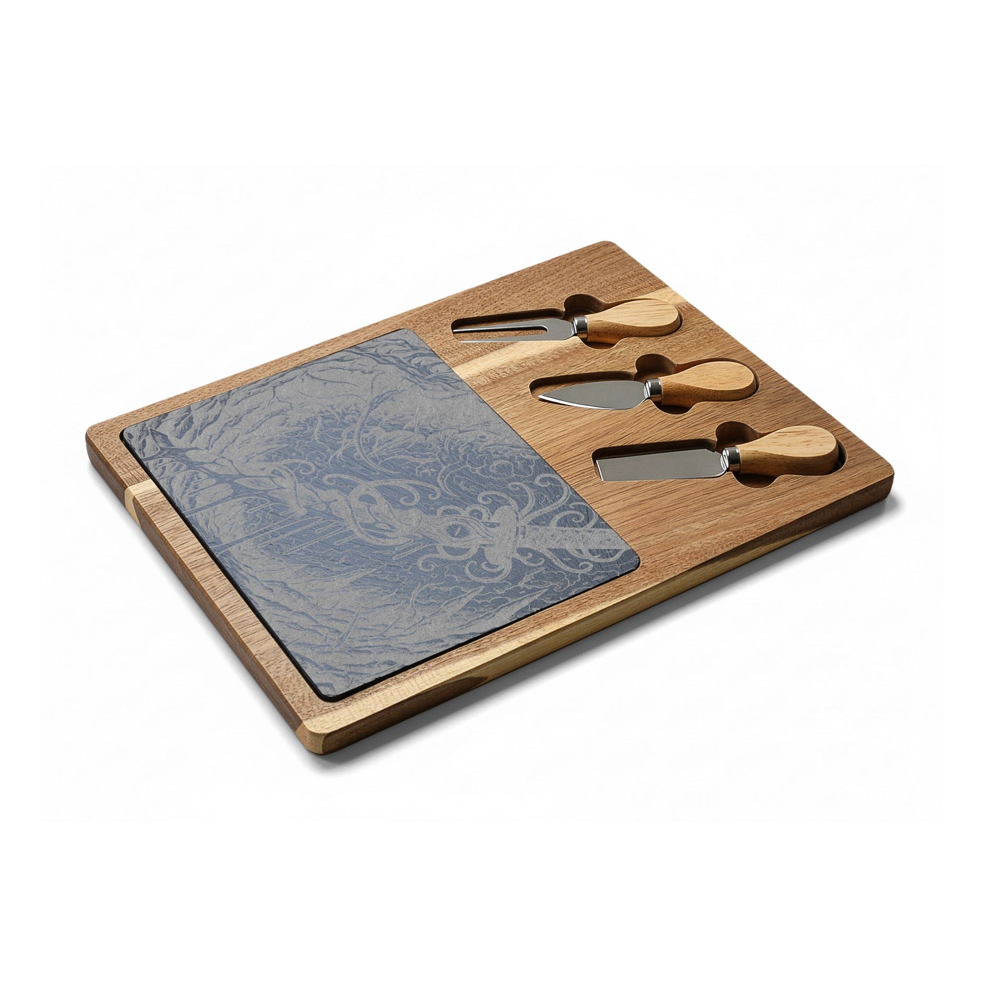 Anomalous Engraved Bamboo Charcuterie Board with Slate Insert & Cheese Tools — Personalized Party Serving Platter