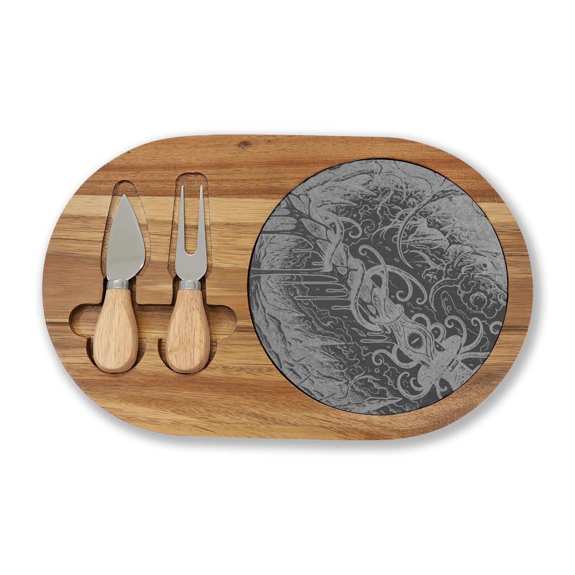 Anomalous Engraved Bamboo Charcuterie Board with Slate Insert & Cheese Tools — Personalized Party Serving Platter
